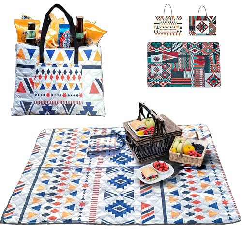Inqzen Picknickdecke, Handtasche/Picknickmatte 2-in-1, Wasserdicht & Maschinenwaschbar, Stranddecke, campingdecke, Leichtgewicht, Faltbare strandmatte, Strandurlaub (150x200 cm, Weiße Boho-Muster)
