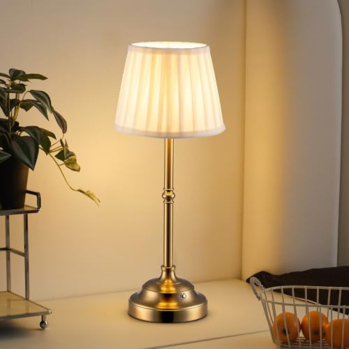 NEWSEE Rechargeable Cordless Table Lamp, Portable Dimmable LED Retro Bedside Light, 4000mAh Battery Powered Lamp, Suitable for Indoor, Outdoor, bar,Camping (Bronze + Beige Lampshde)