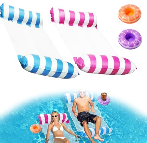 Aufblasbares Schwimmbett, Hängematte Pool mit Netz, 2 Stück Luftmatratze Pool mit mit 2 Aufblasbares Getränkehalter, Wasserhängematte, 4 in 1 Luftmatratze Wasser, Wasserspielzeug Kinder & Erwachsense
