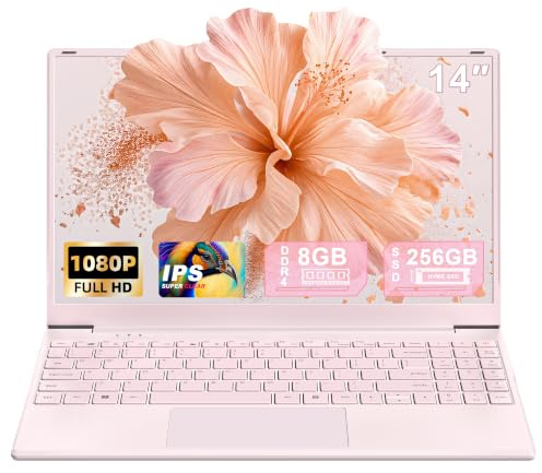 Nmybwo Laptop rosa de 14 pulgadas, CPU NVME SSD N5100 de 8 GB de RAM 256 GB para trabajo y estudio