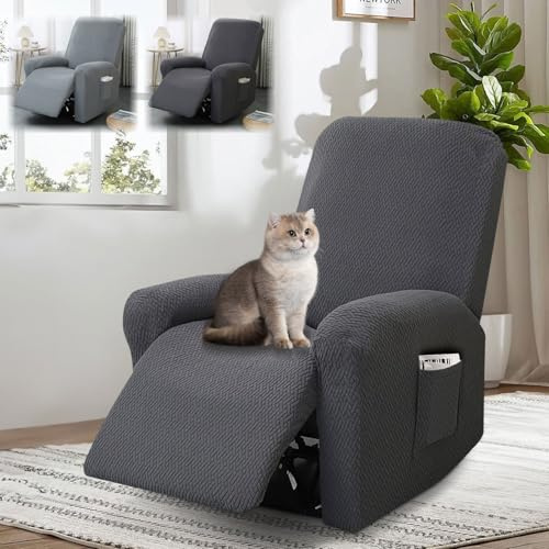 bechoanigel Funda Sillon Relax Reclinable, 4 Piezas Funda Butaca, Funda Sofa 1 Plaza, con Protectores para Reposabrazos y Bolsillo (Gris Oscuro)