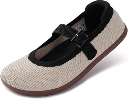 WHITIN Womens Barefoot Mary Jane Shoes Wide Toe Box Ballet Flats Sneakers Zero Drop Sole Minimalist Size 8 Knit Dressy Width Mesh Dress Ballerina Wedding Summer Walking Beige 39