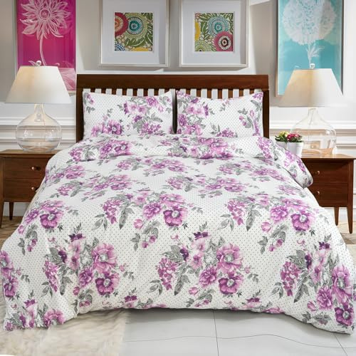 Hadi London 4 Piece Bedding Set Duvet Cover Fitted Sheet with Pillow Cases Soft Brushed Microfibre Printed Complete Bed Sets in Single Double and King Size (Delight Lilac, Super King)