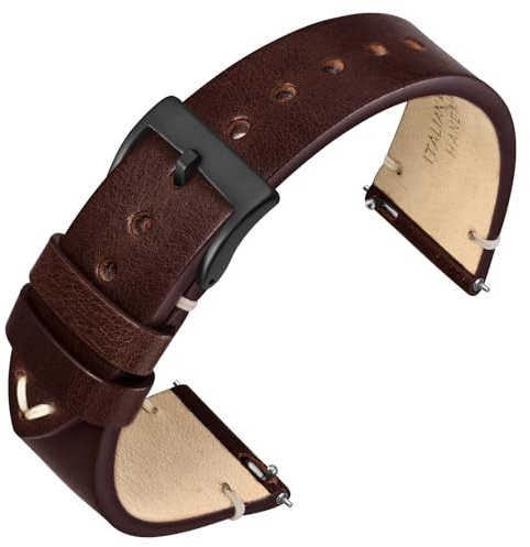 ANNEFIT Snabbfrigörande klockband, italiensk vintage läder ersättningsrem för män och kvinnor, bandbredd 22 mm med svart spänne (kastanjebrun)