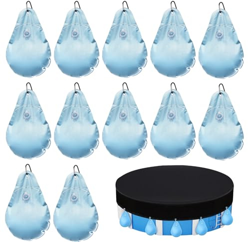 12 Stück Poolabdeckung Gewichte Wassersack – 23×34 cm Hängende Pool Wandtaschen mit Haken & Schnallen, Verdickte PE Wassersäcke mit Anti-Leck-Ventil für Winterabdeckplane & Schwimmbadschutz