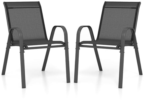 FANTASK 2er Set Stapelstühle, Terrassenstühle aus Textilene und Metallgestell, Balkonstühle mit Armlehnen, Gartenstühle stapelbar bis 150 kg belastbar, 56 x 70 x 84 cm (Schwarz)