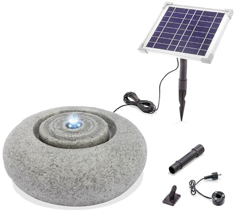 esotec Solar Gartenbrunnen Rundwasserquelle mit LED-Licht, runder Wasserbrunnen im Quellstein-Design, Solarmodul, Akku, Steinbrunnen-Optik Polyresin 101332