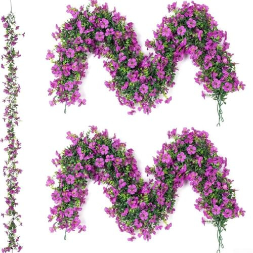Zilimontt 2 guirnaldas de flores artificiales de ratán violeta, decoración de boda, fiesta, vid colgante con 132 tallos, 5.9 pies de largo para decoración de jardín de interiores y exteriores (morado)