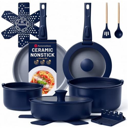 Ammeloo 18-Piece Ceramic Pots and Pans Set Non Stick, Non Toxic Cookware Set with Removable Handles, Pot Sets for Cooking, Induction Ready, Dishwasher & Oven Safe, PFAS PFOA & PTFE Free (Navy Blue)