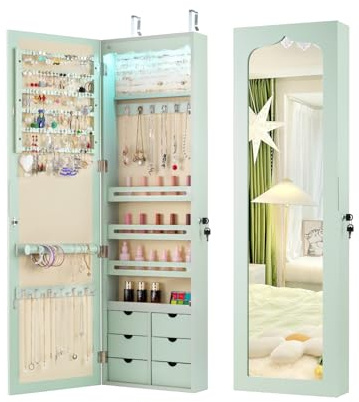 RELAX4LIFE Schmuckschrank mit automatischen LEDs, Schmuckregal mit 6 Schubladen & 3 Lagerregalen & Spiegel, Schmuckorganizer für Ohrringe Armband Kette Ringe Kosmetik, Tür- & Wandmontage (Grün)
