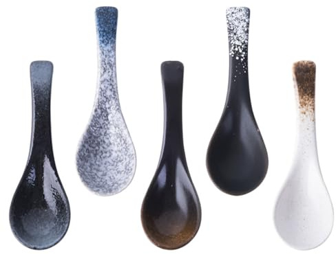 HOMSFOU 5 Cucharas de Sopa de Cerámica Estilo Japonés, Cucharas para Restaurante y Cocina, Utensilios Ergonómicos en Colores Azul, Negro y Marrón, Ideales para Servir Arroz y Sopas