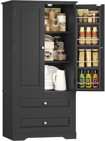 FOREHILL Küchenschrank Vorratsschrank mit 2 Schubladen und 8 Türregalen | Buffetschrank Mehrzweckschrank mit 2 Türen, für Küche, Esszimmer, Badezimmer und Wohnzimmer, 60 x 40 x 120 cm, Schwarz