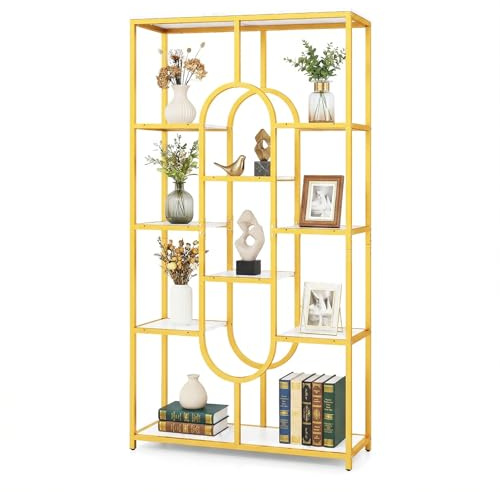 CASART 8/10-Tier Bookcase (White + Gold, 95 x 30 x 175cm, 10)