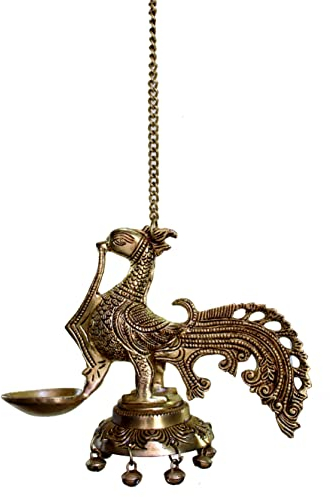 eSplanade Messingdiya-Öllampenwand, die durch Krishna mit Glocken hängt (Pfau Design Öllampe)