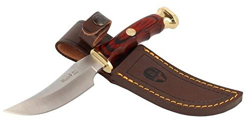 Muela Cuchillo de caza DP-10M con hoja de acero inoxidable ACX-380 de 10 cm y empuñadura de madera de coral de 9 cm para Caza, Pesca, Supervivencia y Bushcraft + Portabotellas de regalo