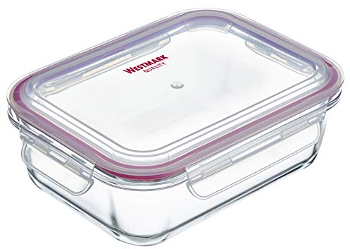 Westmark Glas-Frischhaltedose, mit Clip-Deckel, Füllvolumen: 1040 ml, luftdicht, tiefkühl- und mikrowellengeeignet, ofenfest, BPA-frei, Glas/Kunststoff/Silikon, Klar/Rot, 234322E1
