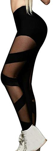 ORANDESIGNE Legging avec Grenadine Mesh Transparent Fitness Yoga Femme Noir L
