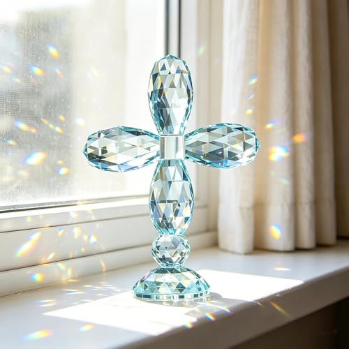 QFkris Kristallkreuz, stehend, bunt, traditionelles Kreuz, 17,8 cm hoch, Glas, Basteldekoration (Cyan-Blau)