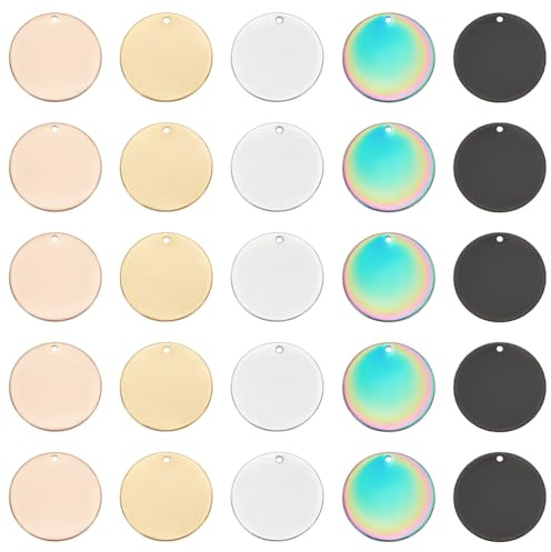 UNICRAFTALE 30pcs 5 Farben Runde Metall Laser Gravur Rohlinge Hundemarken 25mm Edelstahl Anhänger Glatte Leere Tags Metall Charms Für Schmuck Schlüssel Haustier Hundemarken Herstellung Und Handwerk