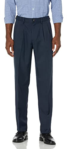 Amazon Essentials Pantalon Habillé à Pinces à Taille Ajustable Coupe Classique Homme, Bleu Marine, 36W / 30L