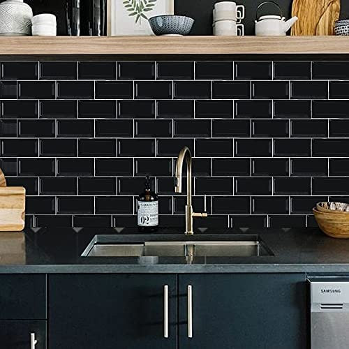 Hiseng Kitchen Bathroom Wall Tile Stickers, 20 * 10cm DIY Rectangle Decals 3d Marble Printed Sticker for Kitchen Living Room Bathroom Home Decor Self-Adhesive (Black tiles,48pcs)