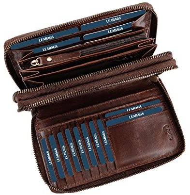 LEABAGS Leder Geldbörse Damen - Portemonnaie Gross mit RFID Schutz, Echtleder XXL Geldbeutel Damen Groß, 29 Kartenfächer Portmonee mit Münzfach, Doppelter Reißverschluss（Vintage Cognac）