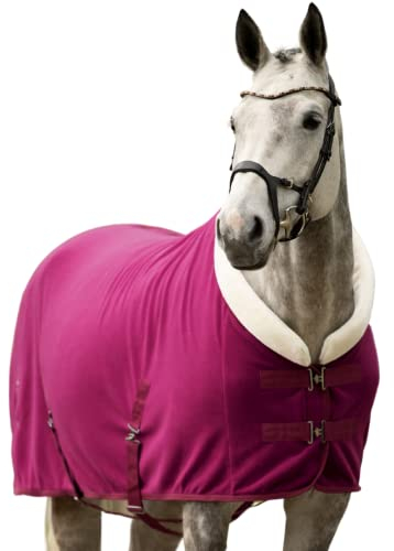 EQUILYX® Abschwitzdecke Pferd mit Teddy-Kragen und abnehmbaren Kreuzgurten [perfekte Passform] Fleecedecke Stalldecke Transportdecke wärmend feuchtigkeitsabsorbierend atmungsaktiv (Fuchsia, 125cm)