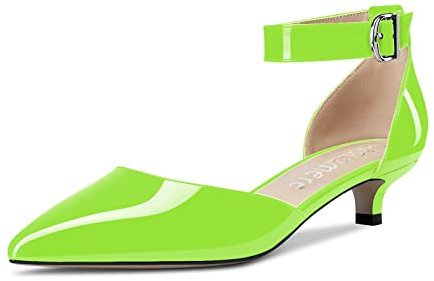 Castamere Mujer Bajos Gatito Heel Puntiaguada Punta Correa Tobillo Pumps Cute Dress Two-Piece Cierre con Hebilla Sandalias 3.5 CM Heels Verde Lima 39 EU