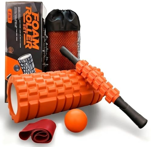 Aucuu 5 in 1 Foam Roller Set Includes Hollow Core Massage Roller, Yoga Stick, Massage Ball, Fitness Stretching Strap, Carrying Bag, Towel, Massage Roller (Orange)