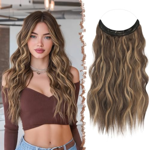 FESHFEN Secrets Haare Extensions Lange Gewellt Haarverlängerung Invisible Secret Haarextension Synthetik Hair Unsichtbarem Haarteile für Frauen Honigblond Gemischt Hellbraun 50 cm