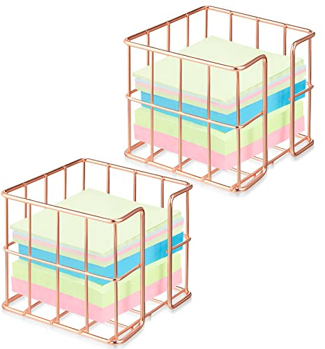 Harloon 2-Piece Sticky Note Holder- 3.8x3.8 Inches Cute Memo Cube Dispenser, Mesh Desk Organizer for Notepads, Pens, and Pencils, Ideal for Home or Office Supplies(Rose Gold)