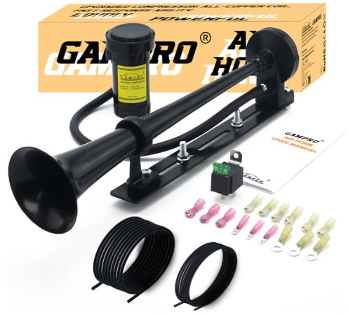 GAMPRO 12V 150 dB Lufthupe, 445mm, Chrom, Zink, einzelne Trompete, LKW, Lufthupe mit Kompressor, für alle 12 V Fahrzeuge, LKW, Züge, Boote, Autos (komplett schwarz)