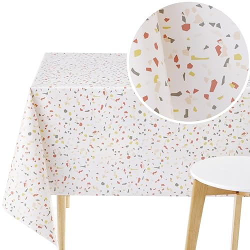 KP HOME Toile Cirée Rectangulaire 250x140cm, Nappe Plastique en PVC Essuyable, Facile à Nettoyer, Imperméable de Cuisine, Jardin en Vinyle Nappe, Toile Ciree avec Motif Terrazzo Marbre Blanc Coloré