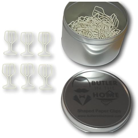 Butler in the Home 100 Stück Weinglasförmige Büroklammern, ideal für Büroklammersammler oder Bürogeschenk, in runder Dose mit Deckel und Geschenkbox (Weißwein)