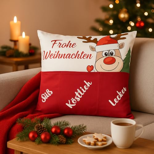 KAMACA Weihnachtskissen mit Kissenfüllung 43x43 cm festliches Dekokissen mit 3 Taschen zum Befüllen originelles Kinder, Familie und Freunde Weihnachten Nikolaus (Elch Ole)