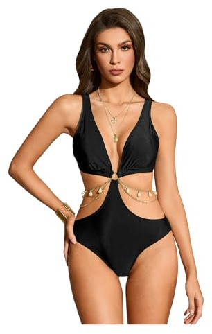 OYOANGLE Women's One Piece Swimsuit Ring Linked Cut Out Bathing Suit High Cut Swimwear Black Small