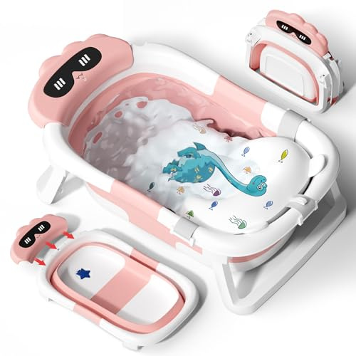 COOSEYA BañEra Plegable Bebé para Recién Nacido, BañEra Bebe Plegable con Asiento de Cojín de Baño Gratis , Regalo Ideal para Recién Nacido A Niño Pequeño Plegable para Viaje Diseño Exterior (Rosa)