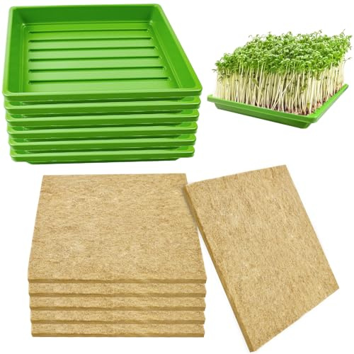 6Set Microgreens Growing Mat with Tray, Microgreen Growing Kit 10″×10″ Wheatgrass Seed Sprouting Starter Mat Hemp Fiber Grow Hydroponic Jute Pad Indoor Organic Production for Germination Sprouts(G)