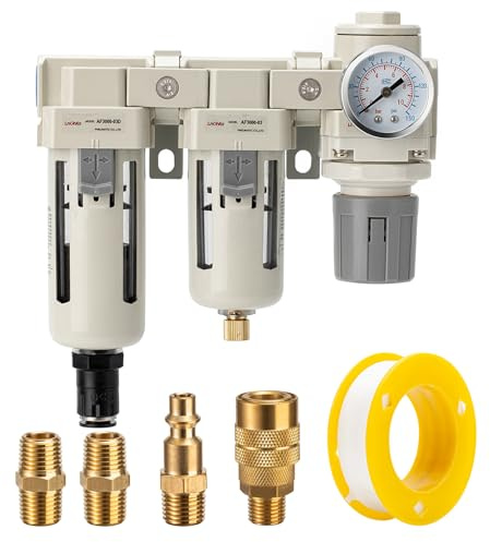 LNCHKA - 3/8 NPT Auto Drain Air Filter Dryer + Dual Air Filters, Air Pressure Regulator, Air Compressor Water Separator (0-150 PSI)