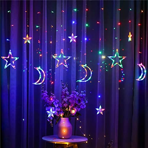 Somedy LED Weihnachtsbeleuchtung Fenster, 3.5/7M Stern Mond Lichtervorhang Batteriebetrieben, Sternenvorhang Lichterkette Innen, Lichterkette Fenster Innen für Dekoration (Färbung, 1 Stück / 3.5M)