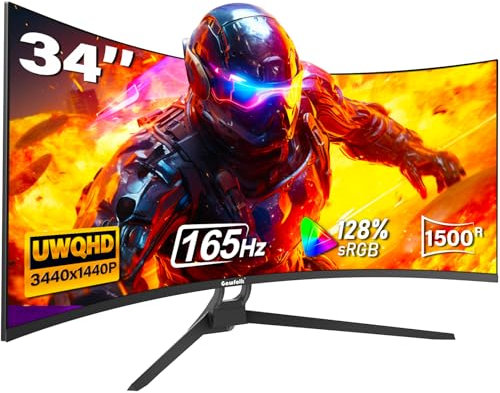 Gawfolk 34 Zoll Ultrawide Curved Gaming Monitor 165Hz, 1500R PC Bildschirm UWQHD (3440x1440) Gebogenes Computerbildschirm mit Höhenverstellung, VESA 75x75