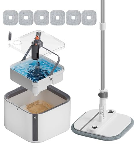 INWEJIA Upgraded Self-Standing Spin Mop and Bucket System, Detachable Inner Mop Bucket That Separates Dirty Water & 90° Foldable Head, Triple-Scrubbing System, for Hardwood Floors - White with 6 Pads