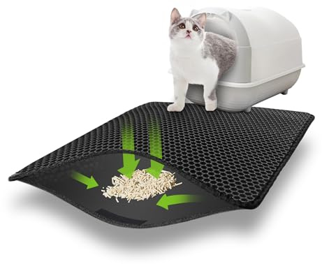 Katzenklo Matte, 75x55CM Waben Katzenstreu Matte, Doppelte wasserdichte und rutschfeste mit Klettverschluss und Großes Loch Design, Katzenmatte Cat Litter Mat Grau