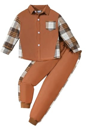 HEOXIN Kids Boys Plaid Clothing Sets, Sweatshirt + Pants 2PCS Set, Long Sleeve Button Tops with Pocket, Drawstring Jogger Trouser Tracksuit Set for Children 11-12 Years, Brown