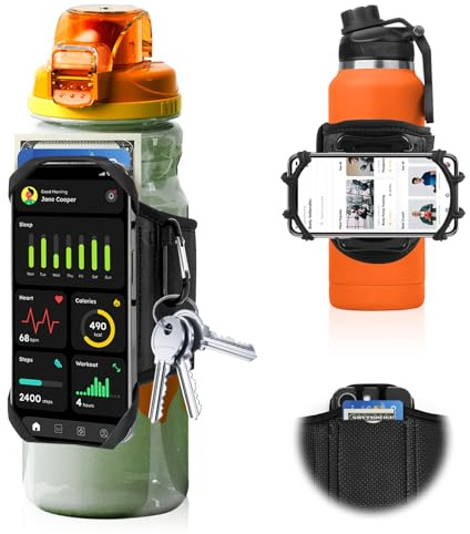 Tillbehör till gym vattenflaska, mobil rem för vattenflaska, gym vattenflaskhållare, 360° vridbar och avtagbar gym mobiltelefonhållare för mobiltelefon, nycklar, kortfack, för fitness, vandring,