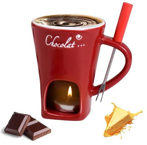 MEETOZ Porcelain Chocolate Fondue Mug with Forks, Chocolate Fondue Cup, Ceramic Butter Warmer Set,Chocolate Melting Mug for Date Night Birthday Wedding Gifts (Red)