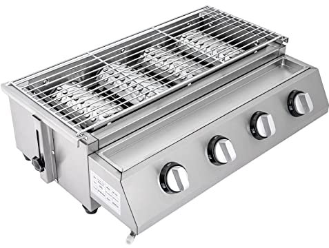 Mermajestic Barbecue au gaz propane réglable en acier inoxydable, 4 brûleurs indépendants et interrupteurs, en acier inoxydable avec surface de cuisson de 55,8 x 23,2 cm, convient pour l'extérieur, le
