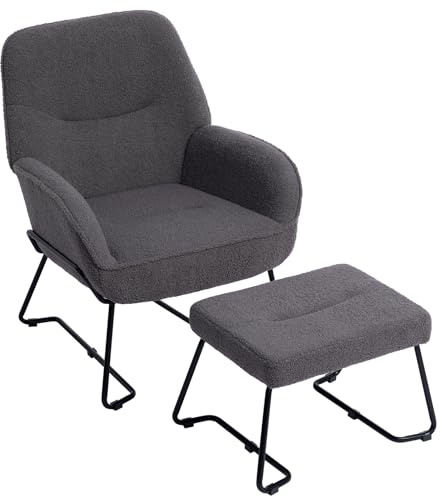 HollyHOME Sessel mit Hocker Ohrensessel mit Hocker Sessel Wohnzimmer & Schlafzimmer Lesesessel Lounge Sessels, Teddy Grau