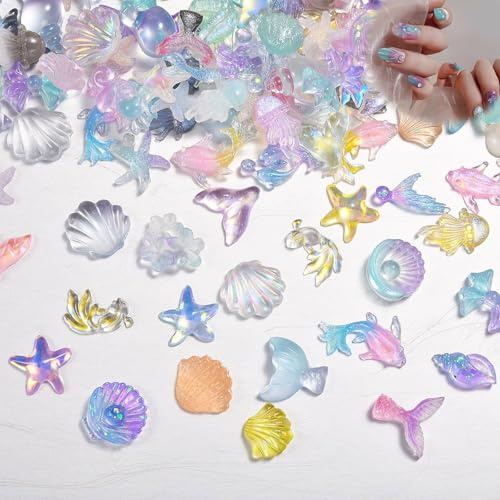 BelleVive 50 Pièces Charms d'Ongles Série Océan, 3D Résine, Accessoires Nail Art pour Ongles Acryliques, Coquillages, Étoiles de Mer, Pierres et Charms pour Femme, Été, Décoration Nail Art
