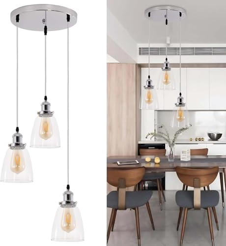 Fynokst Lampe industrielle rétro style loft, 3 lumières, abat-jour cloche en verre réglable de 2 m de long avec douille E27